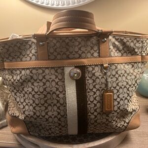 Coach Beige Signature Canvas Tote with Tan Leather and Center Stripe